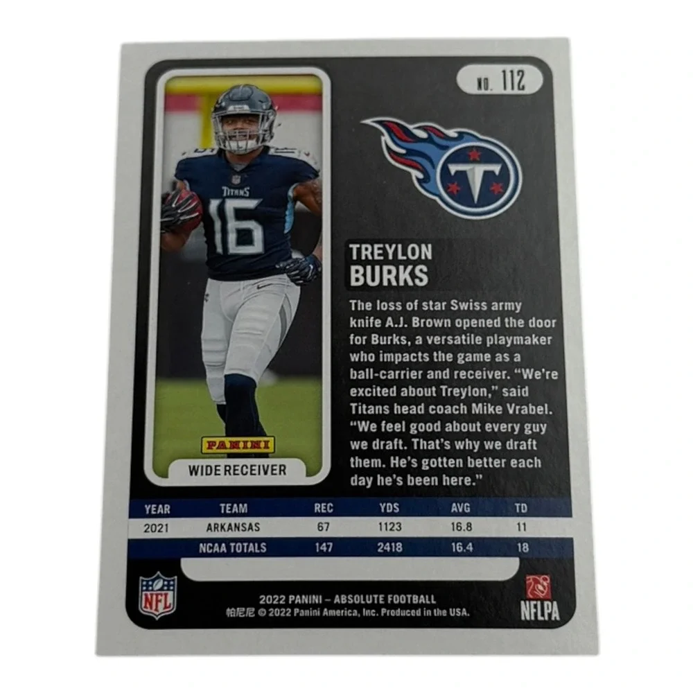 2022 Panini Absolute Football Treylon Burks Rookie Card RC #112 Tennessee Titans